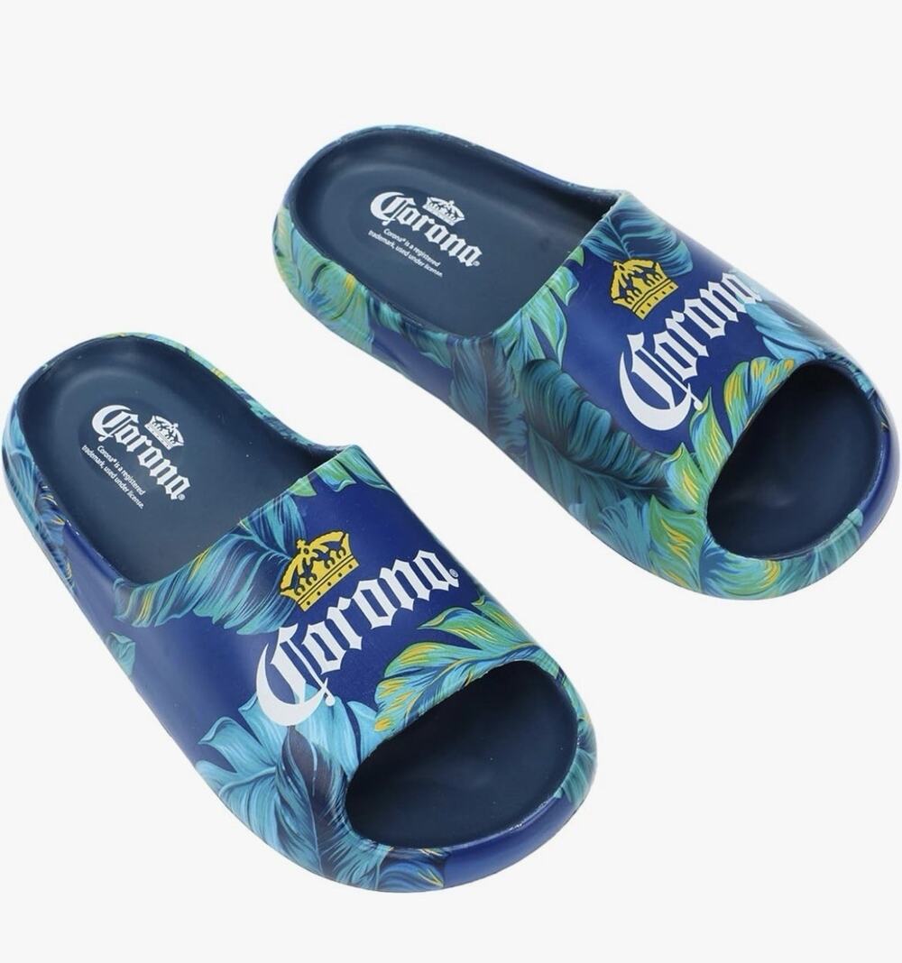 Corona Beer Slide Sandals Fits Womens Size 8 Mens XS 6 Blue Tropical Palm Leaves